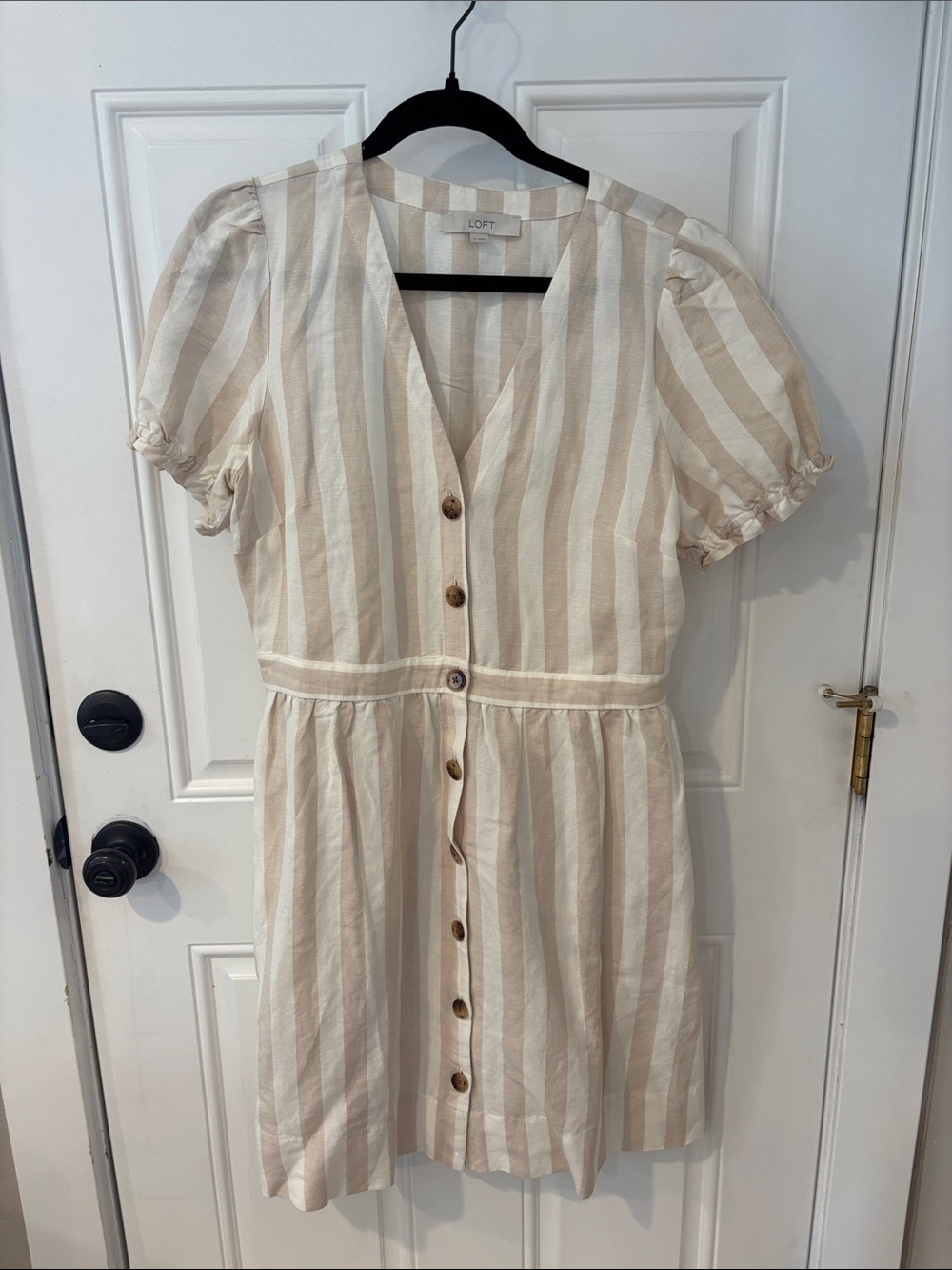 LOFT Cream and Tan Striped Button-Front linen Dress